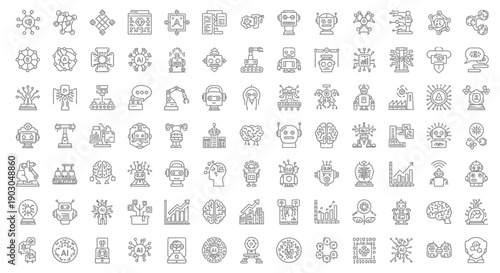 Set of various thin line icons representing different objects and concepts.