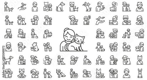 Set of diverse black line icons representing people with pets and animals in various activities and interactions.