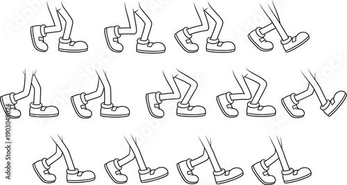 Black and White Line Art Illustration Set of Cartoon Character Legs and Feet in Various Poses for a Classic Walking Animation Cycle Sequence