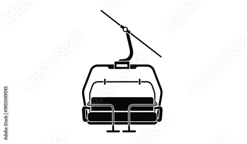 A black and white illustration of a ski lift chair on a cable
