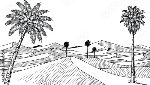 Line drawing of a desert scene with tall palm trees scattered among rolling sand dunes. The image conveys a serene, sunlit atmosphere with minimal details.