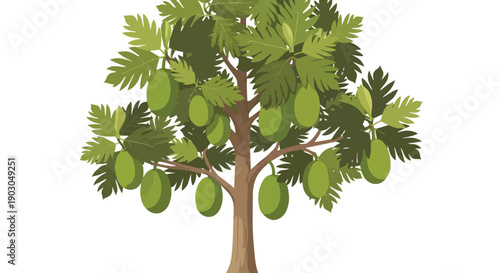 Lush tropical tree illustration bearing abundant green oblong fruits amidst vibrant broad leaves on strong branches a natural harvest graphic set
