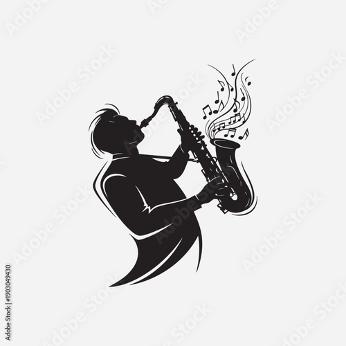 A striking silhouette of a saxophone player performing against a minimalist background captures the elegant essence of a soulful jazz musician in a clean artistic style
