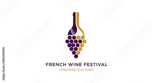 French Wine Festival Logo with Grapes and Bottle Design.