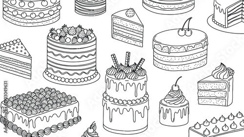 Line drawing of various cakes and pastries. Features tiered cakes with drips, slices with layers, and decorations like cherries and strawberries. Playful and detailed.
