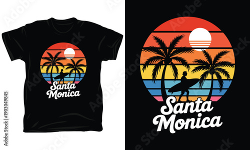 Santa Monica California Surfer Silhouette Sunset Retro Badge Design