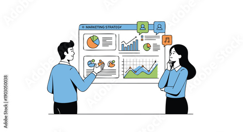 Vector illustration of two business professionals analyzing data on a large screen with graphs and charts, for presentation or website