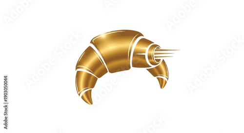 Golden Croissant with Speed Lines on White Background.