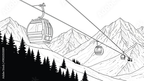 Line drawing of three cable cars suspended on cables, traversing above a forested mountain landscape. Snow-capped peaks fill the background. Calm, scenic.