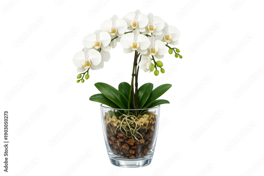 custom made wallpaper toronto digitalWhite phalaenopsis orchid plant blooming in glass pot with exposed roots, transparent background