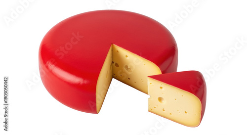 Tableau sur toile Red wax coated cheese wheel with slice isolated PNG, gouda cheese food on transp