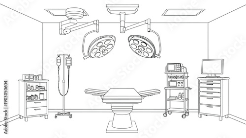 Line drawing of an operating room with an examination table, overhead surgical lights, IV stand, medical equipment on carts, and a cabinet with shelves.