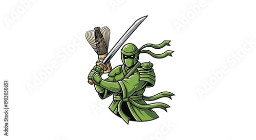 Green Ninja Warrior with Sword and Bomb.