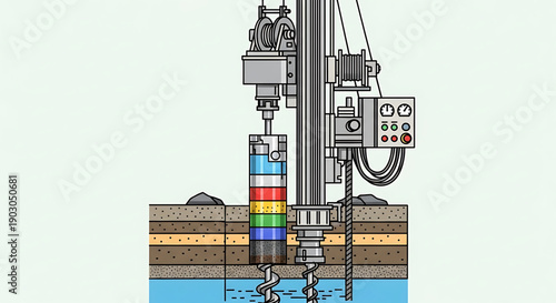 Drilling rig extracting core samples from layered earth strata with colorful geological formations