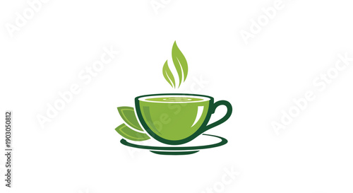 Green Tea Cup with Steaming Leaves Logo.