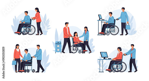 Diverse group of people assisting and supporting each other with disabilities in various settings and activities