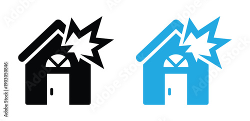Home Explosion icon concept in blue color Pro Vector. Modern house icons with explosion for dramatic effect. 