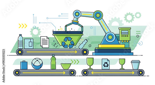 Recycling process with robotic arm sorting materials on conveyor belt for eco friendly production and waste management