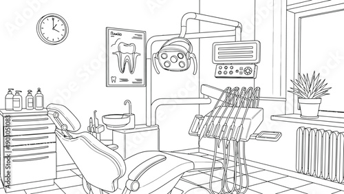 Line drawing of a dentist's office featuring a dental chair, overhead light, sink, and equipment. A wall clock, dental chart, and potted plant create a sterile, orderly ambiance.