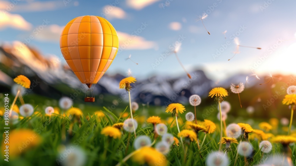 Fototapeta premium Vibrant Hot Air Balloon Over Sunlit Meadow Filled With Dandelions and Mountains in Background During Golden Hour