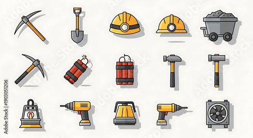Construction tools and mining equipment icons set including hard hats drills and safety gear on white background