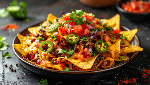 Loaded beef nachos with melted cheese, jalapeños, fresh salsa, and cilantro served in a rustic bowl.