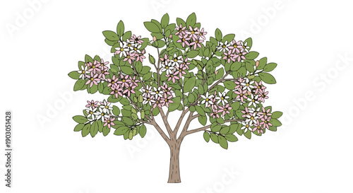 Vibrant springtime flowering tree illustration showcasing delicate pink and white blossoms amidst lush green foliage on a sturdy brown trunk simple