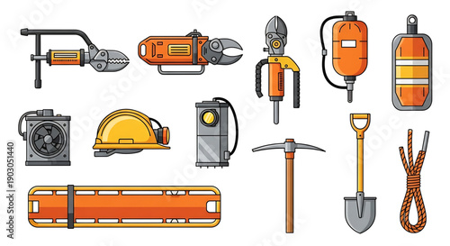 Construction tools and equipment for building and excavation projects on a white background