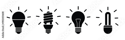Idea lightbulb icon. Inspiration creativity lamp vector icon collection. Set of four different lightbulb icons in black.