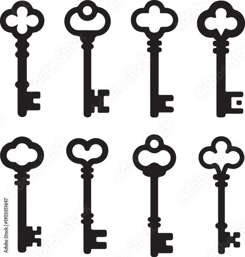 Eight black antique skeleton keys on white background
