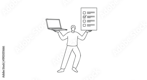 Vector illustration of a person holding a laptop and a checklist or to-do list, for business or productivity concept, isolated on transparent background, png