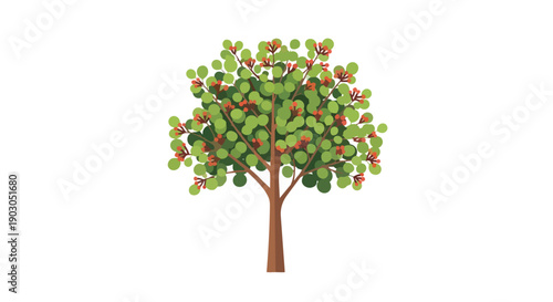 Vibrant green foliage illustration showcasing a healthy, flourishing tree with developing red buds on a pristine white background, ideal for
