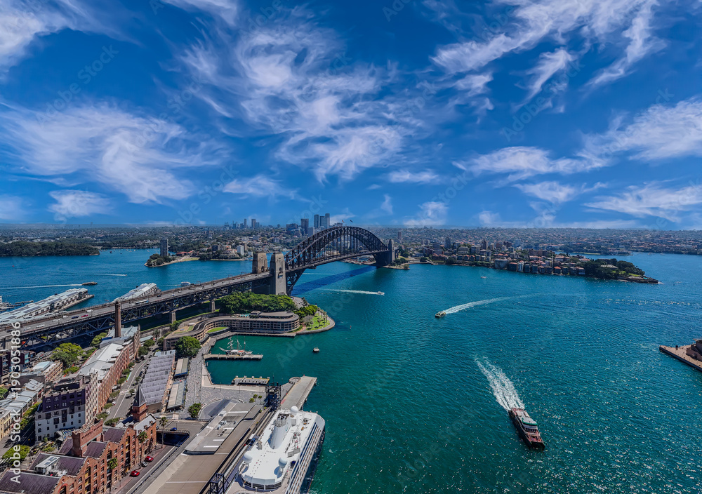 Fototapeta premium 5 February 2026 Aerial View of Sydney Harbour Circular Quay cruise Liner on a nice Summer day beautiful Sky in Sydney NSW Australia
