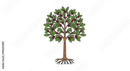 A vibrant botanical illustration featuring a robust tree with lush green foliage and numerous bright red berries, showcasing nature's seasonal