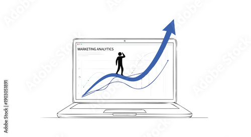 Vector illustration of business analytics graph on laptop screen with growth arrow and silhouette of person, for presentation or website, Isolated on transparent background, png