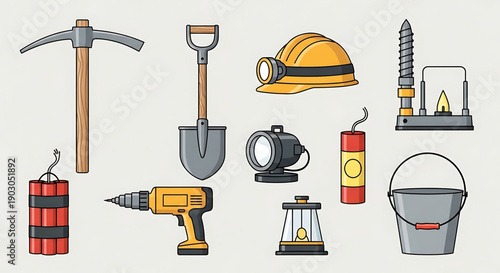 Construction and mining tools and equipment for excavation and building projects including safety gear