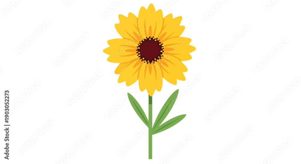 Obraz premium Vibrant yellow blossom illustration with a prominent dark brown center and fresh green leaves on a slender stem, conveying natural serenity and