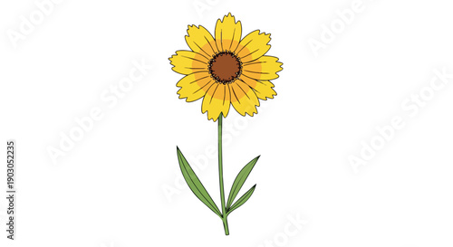 Vibrant yellow flower with delicate petals and a rich brown center stands tall on a slender green stem, embodying simple beauty and natural charm in