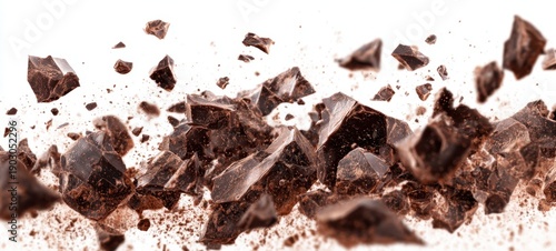The Chocolate Chunks Exploding in Dynamic Cocoa Dust and Flying Crumbs Panorama