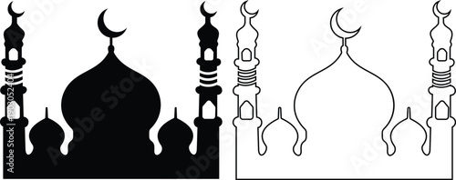 Ramadan mosque silhouette icon set with crescent moon in flat and outline style, Islamic mosque skyline collection, black monochrome vector illustration isolated on transparent background