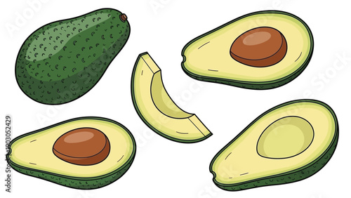 Illustration of five avocado pieces: whole, halved with seed, halved without seed, and two slices. The tone is fresh and vibrant.
