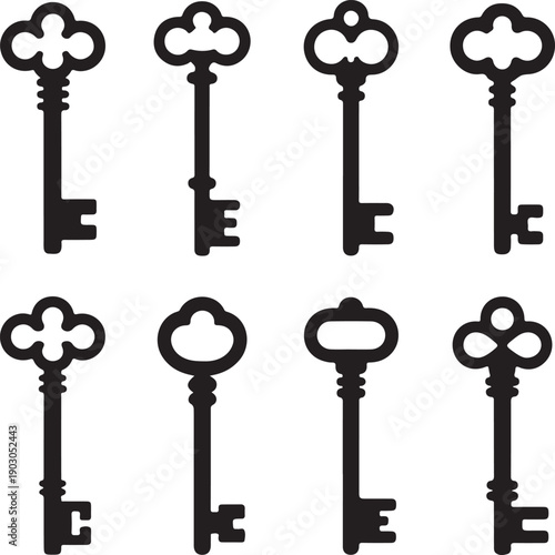 Set of antique skeleton keys on white background