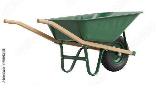 Obraz na płótnie Green metal wheelbarrow isolated PNG, garden cart for landscaping and constructi