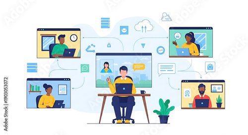 Remote team collaboration concept with people working on laptops and computers in a virtual meeting