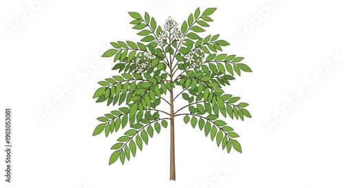 Stylized illustration of a vibrant green tree with lush foliage and delicate white blossoms, featuring a sturdy brown trunk on a clean isolated
