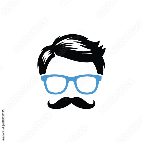 Stylized Illustration of a Man's Face with Black Hair, Blue Glasses and Moustache Keywords: man, face, head, avatar