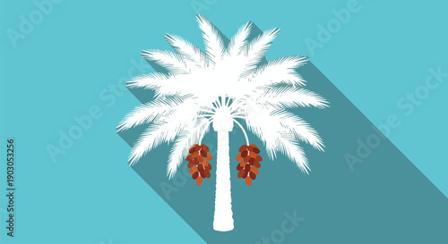 A vibrant flat design illustration of a date palm tree with ripe fruit bunches against a serene blue background offering a tropical minimalist