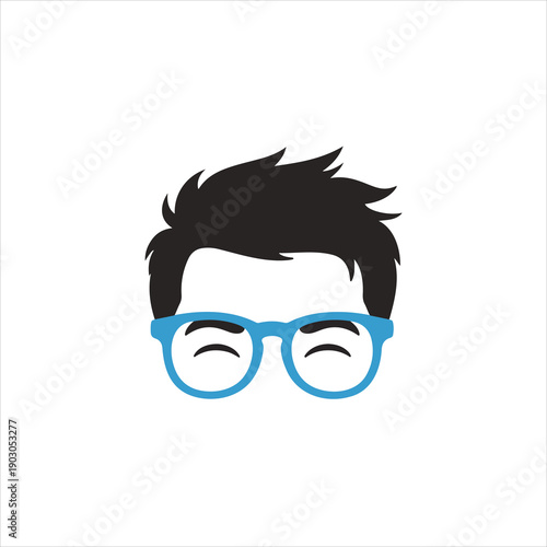 Stylized Illustration of a Person with Black Hair and Blue Glasses Keywords: person, face, head, avatar, icon