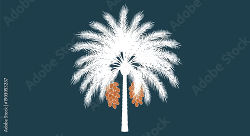 A captivating, minimalist date palm tree illustration featuring ripe orange fruits against a deep nocturnal teal backdrop, evoking serene desert