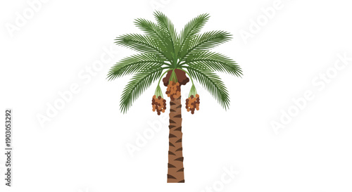 A beautifully rendered digital illustration of a robust date palm tree, showcasing its iconic fronds and abundant, ripe fruit clusters, an